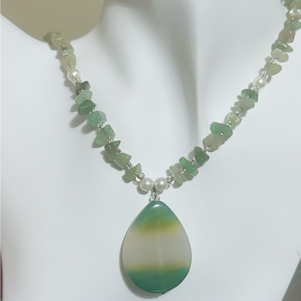 Nephrite Jade, Crystal Quartz & Pearl Beaded Pendant Necklace